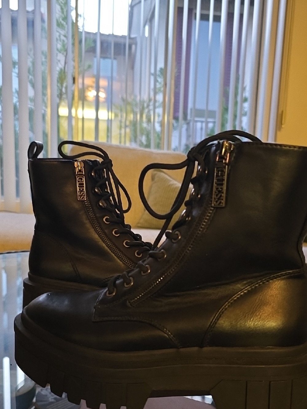 GUESS Black Lace-Up Platform Combat Boots with Logo Zippers Size 7